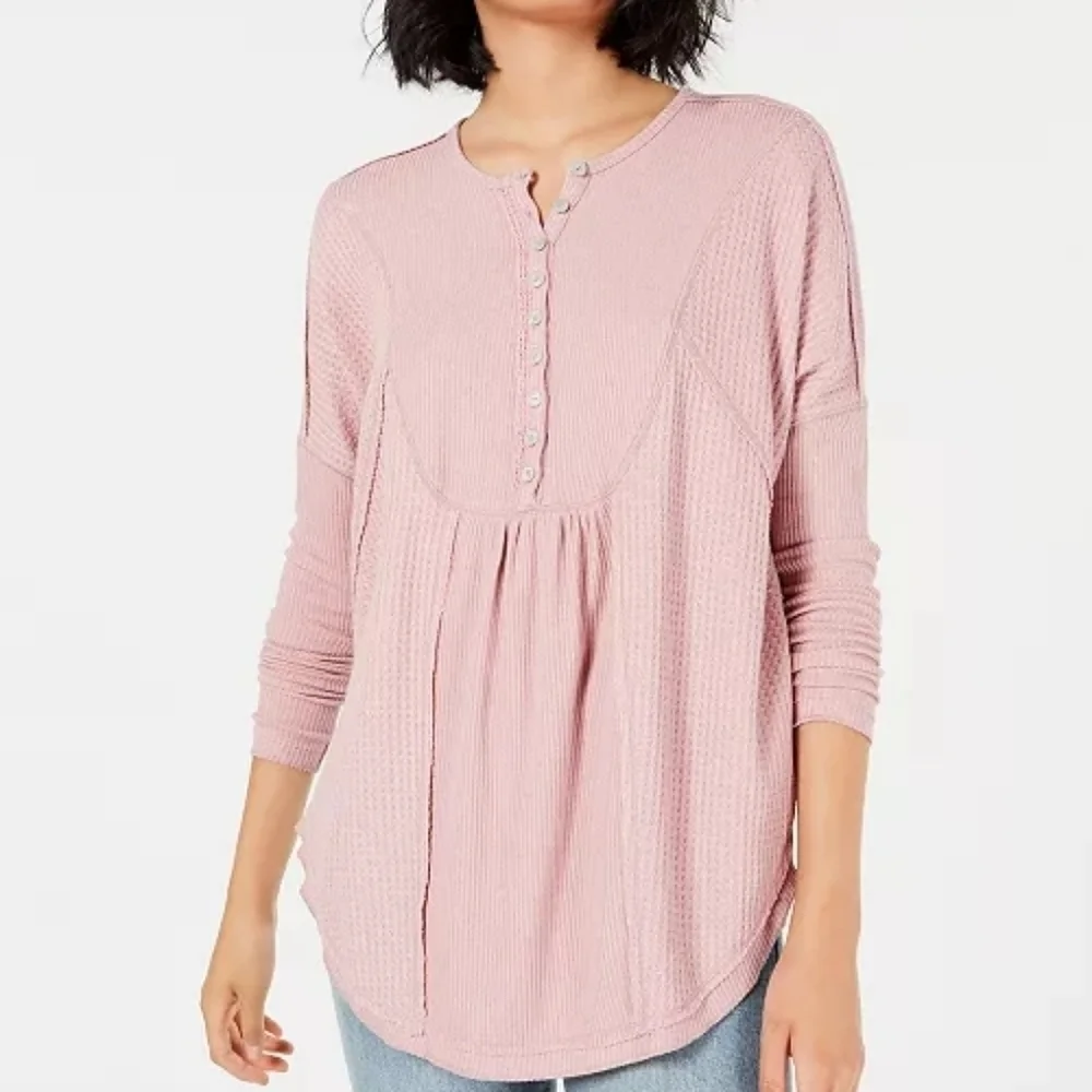 Free People Leo Henley Thermal Top – XS (Oversized Fit) – Chocolate Malt